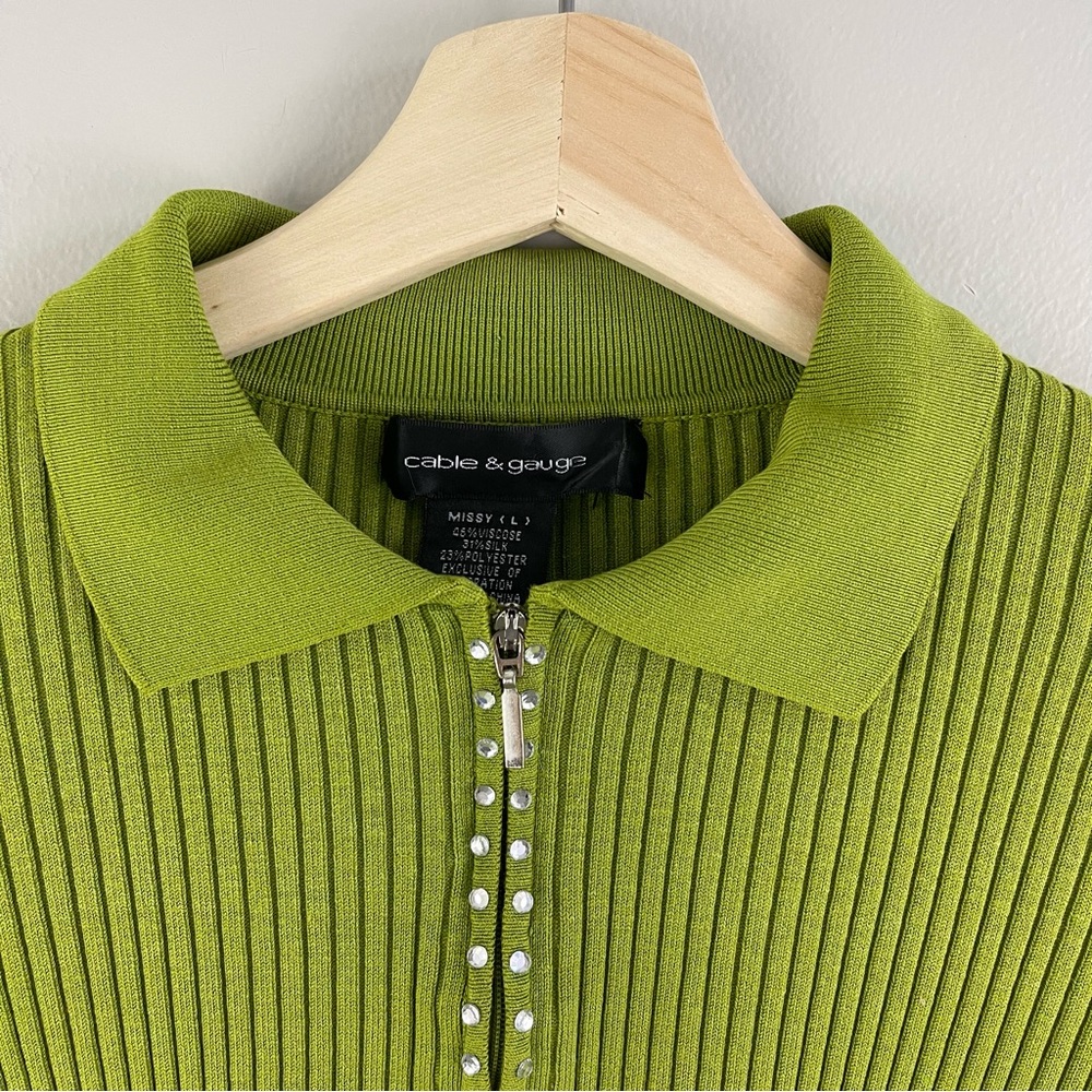 CABLE & GAUGE Y2K 90’s Vibes Green Ribbed Rhinestone Half Zip Cropped Sweater - Picture 4 of 10